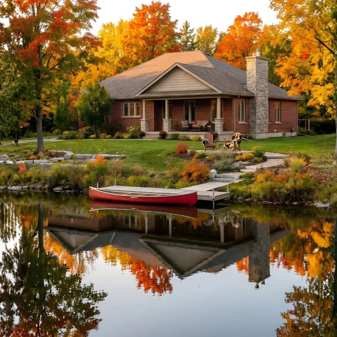 Waterfront home on the water with red canoe — find your dream waterfront property
